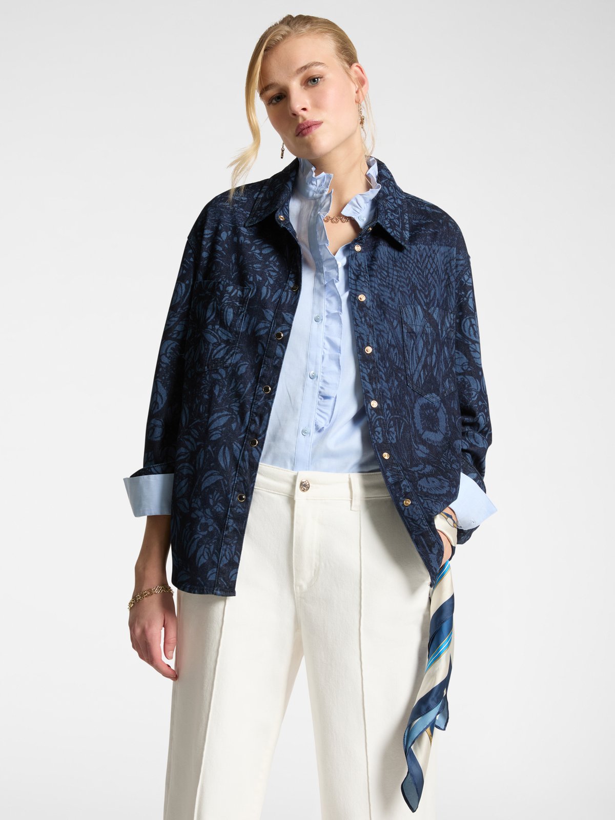 Blue Tonal Floral Denim Shirt with Snap Buttons
