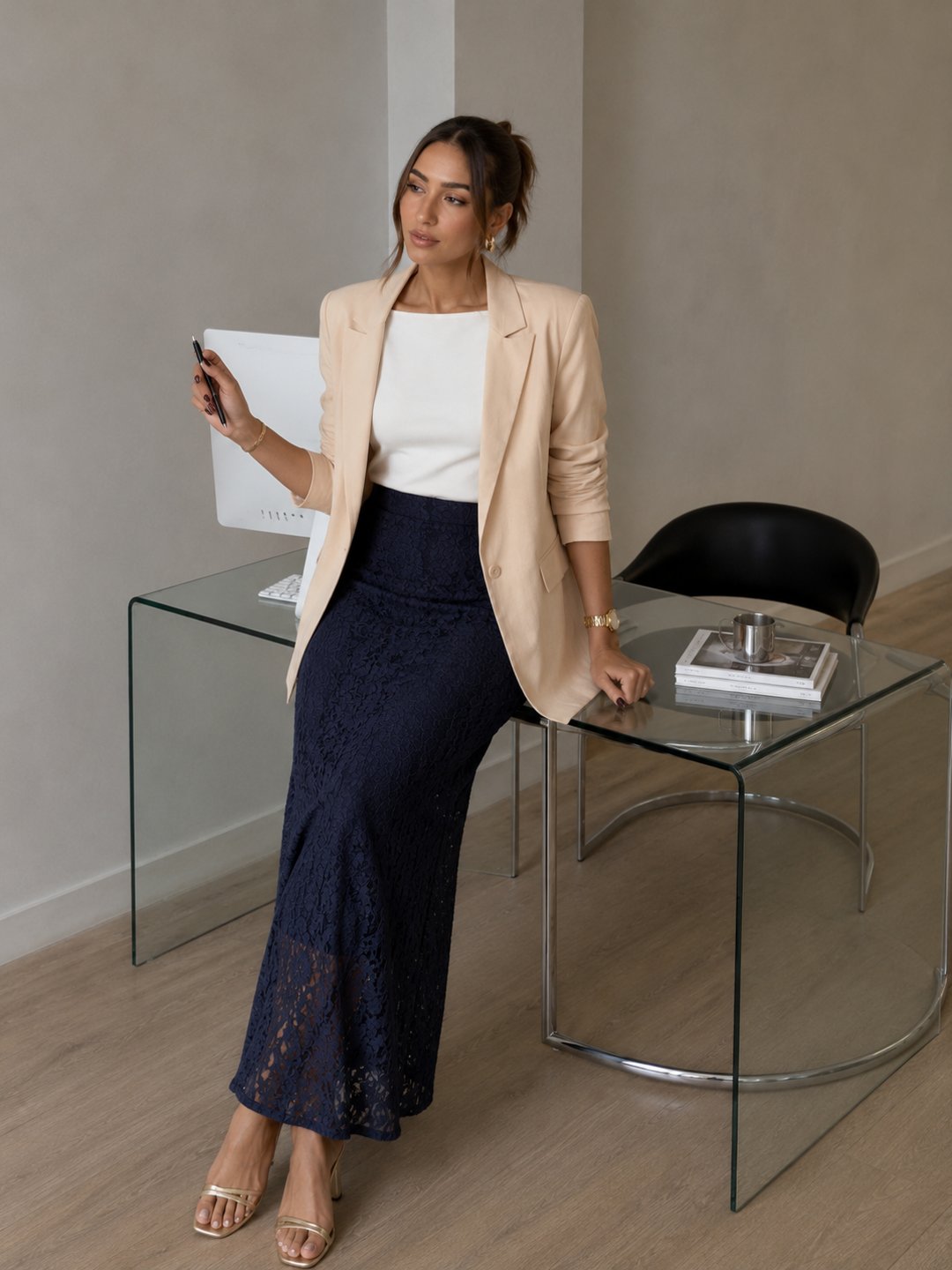 Navy Lace Slit Detail Maxi Skirt