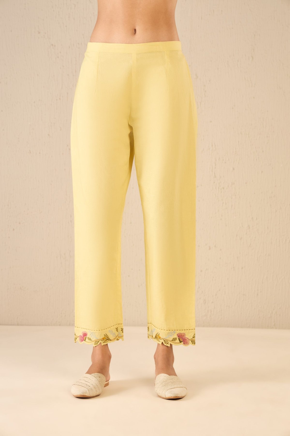 Garden Glory: Yellow Embroiderd Scalloped Pants