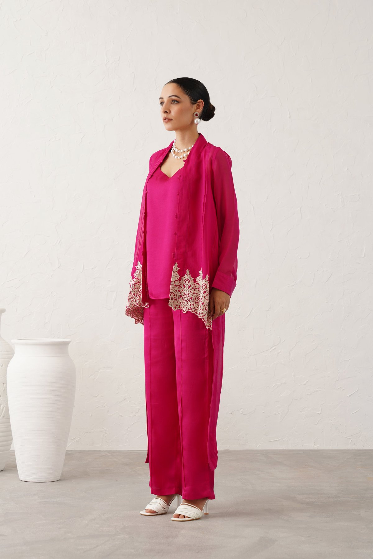 Magenta Embroidered 3-Piece Co-ord Set with Wide-Leg Pants