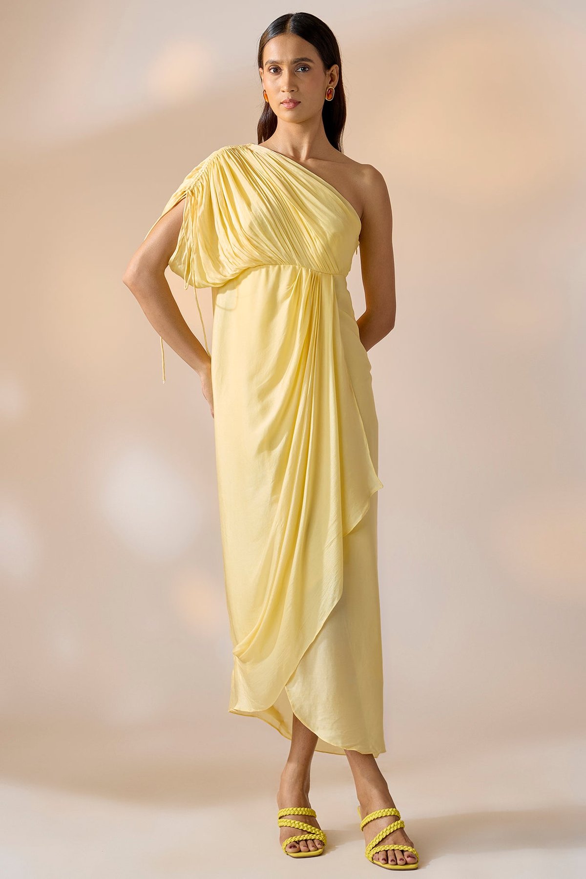 Butter Yellow One-Shoulder Drape Maxi Dress