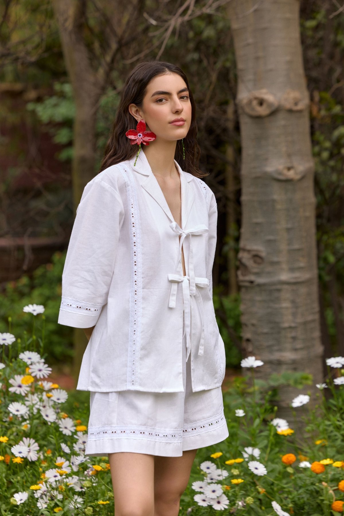 White Tie-Up Eyelet Shirt with Lapel Collar