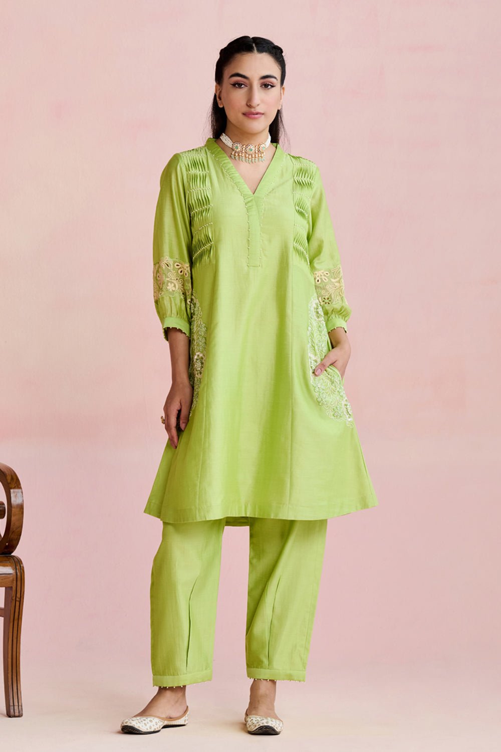 Green Chanderi Embroidered Kurta Set