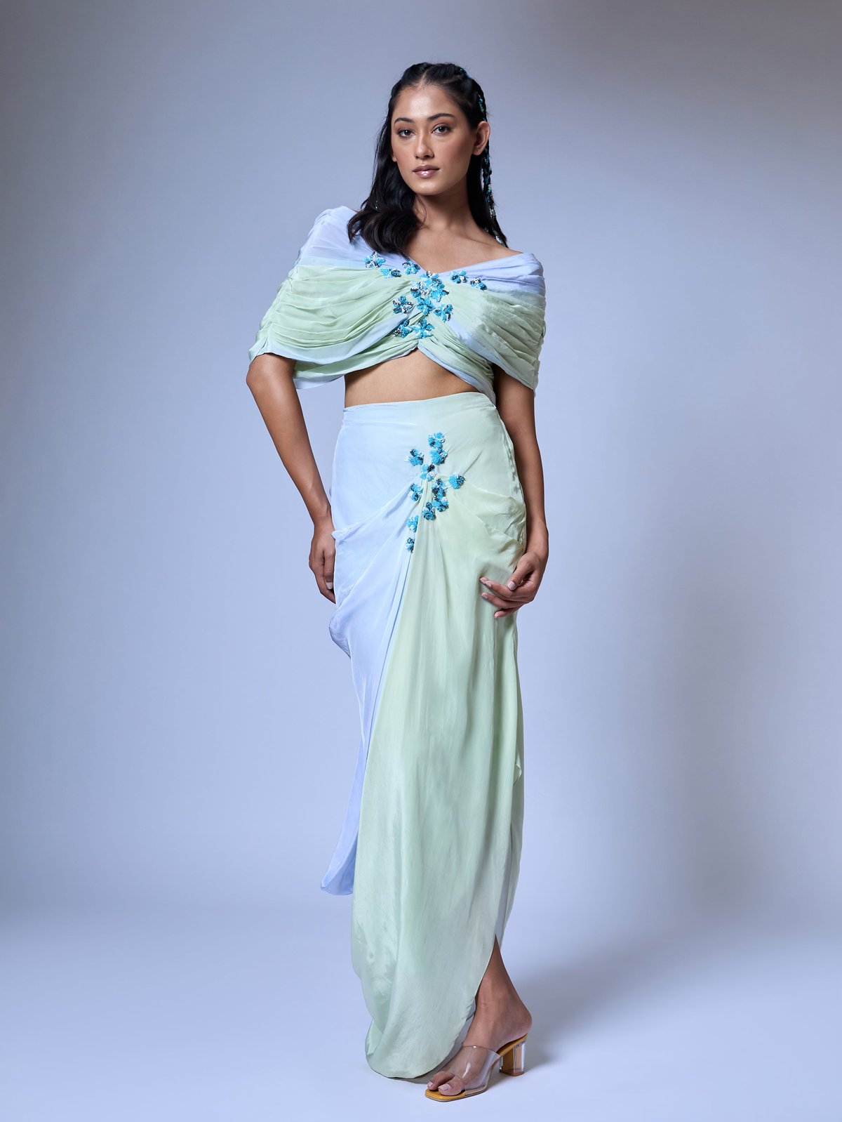 Blue Ombre Off-Shoulder Draped Co-ord Set