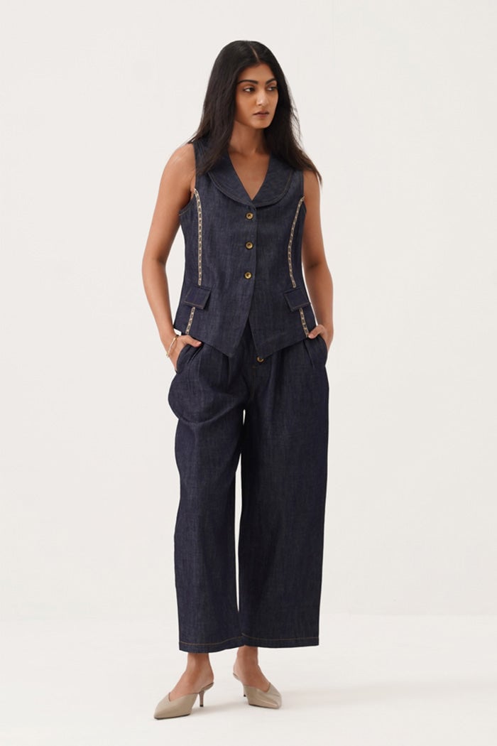 Denim Blue Waistcoat and High-Waist Pants Co-ord Set