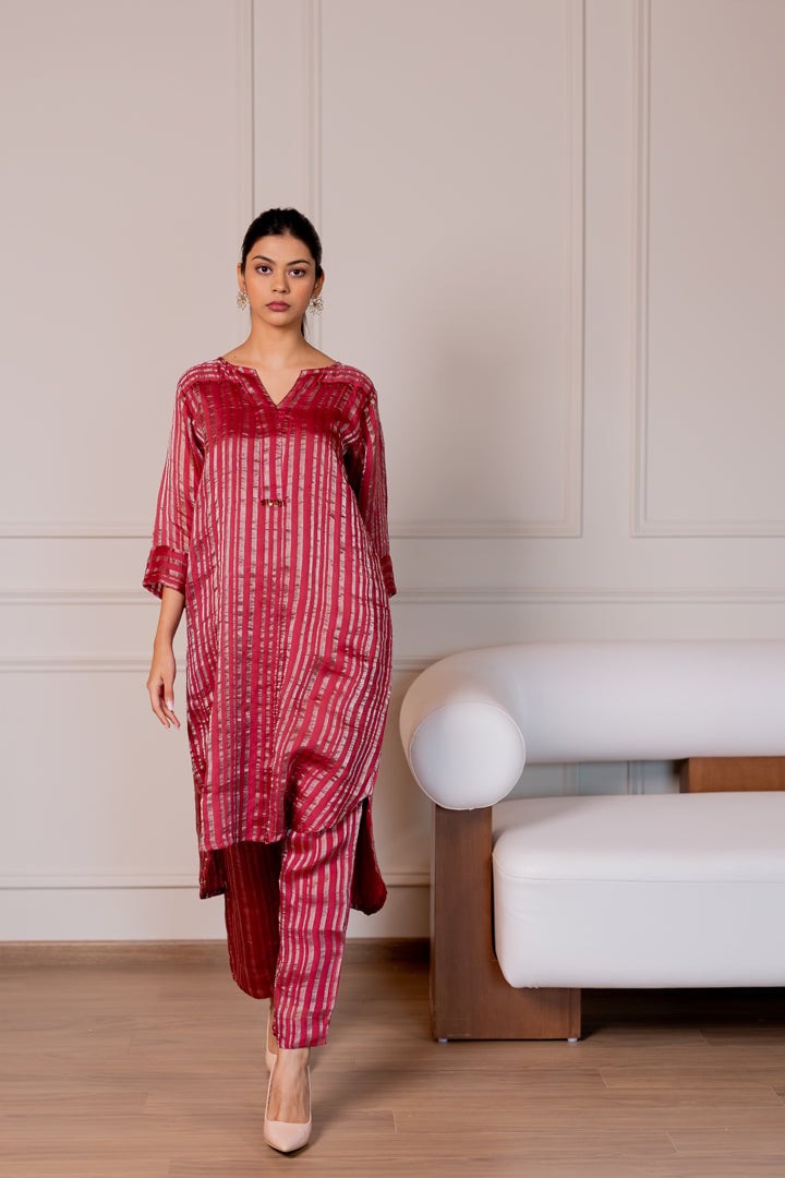Maroon Striped Straight Kurta Set with Pants