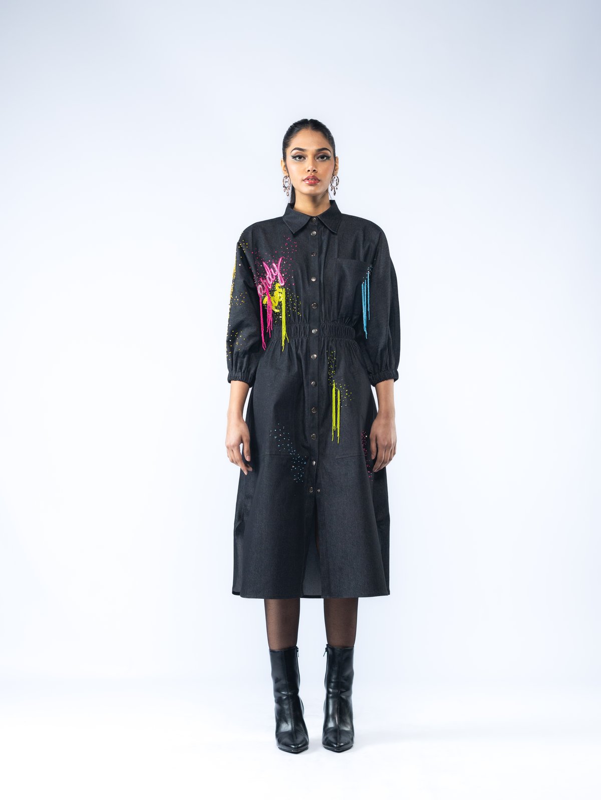 Black Denim Graphic Button-Front Midi Shirt Dress