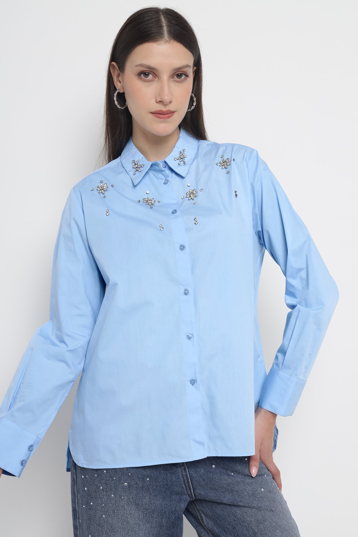 Light Blue Embellished Cotton Button-Down Shirt