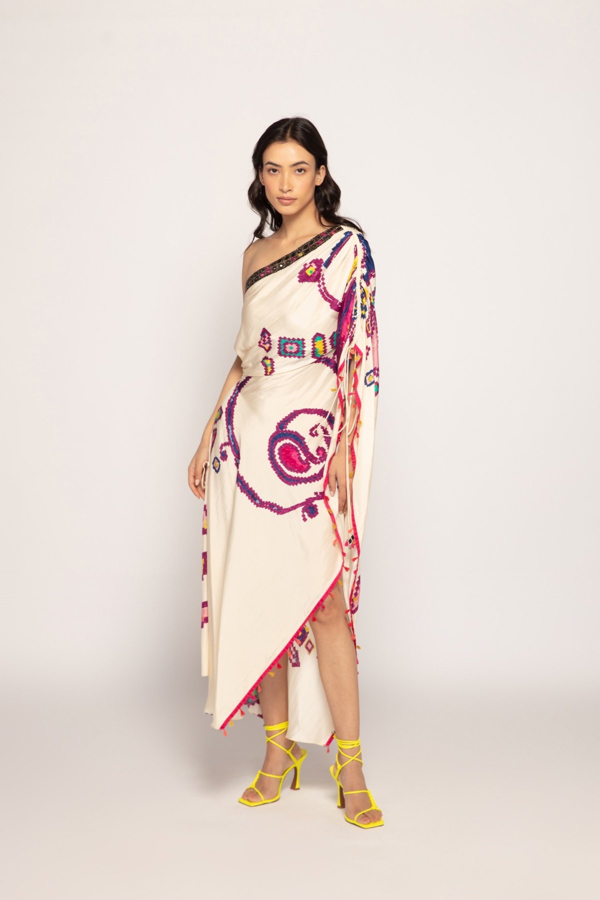 Ivory One-Shoulder Printed Silk Kaftan with Side Slit