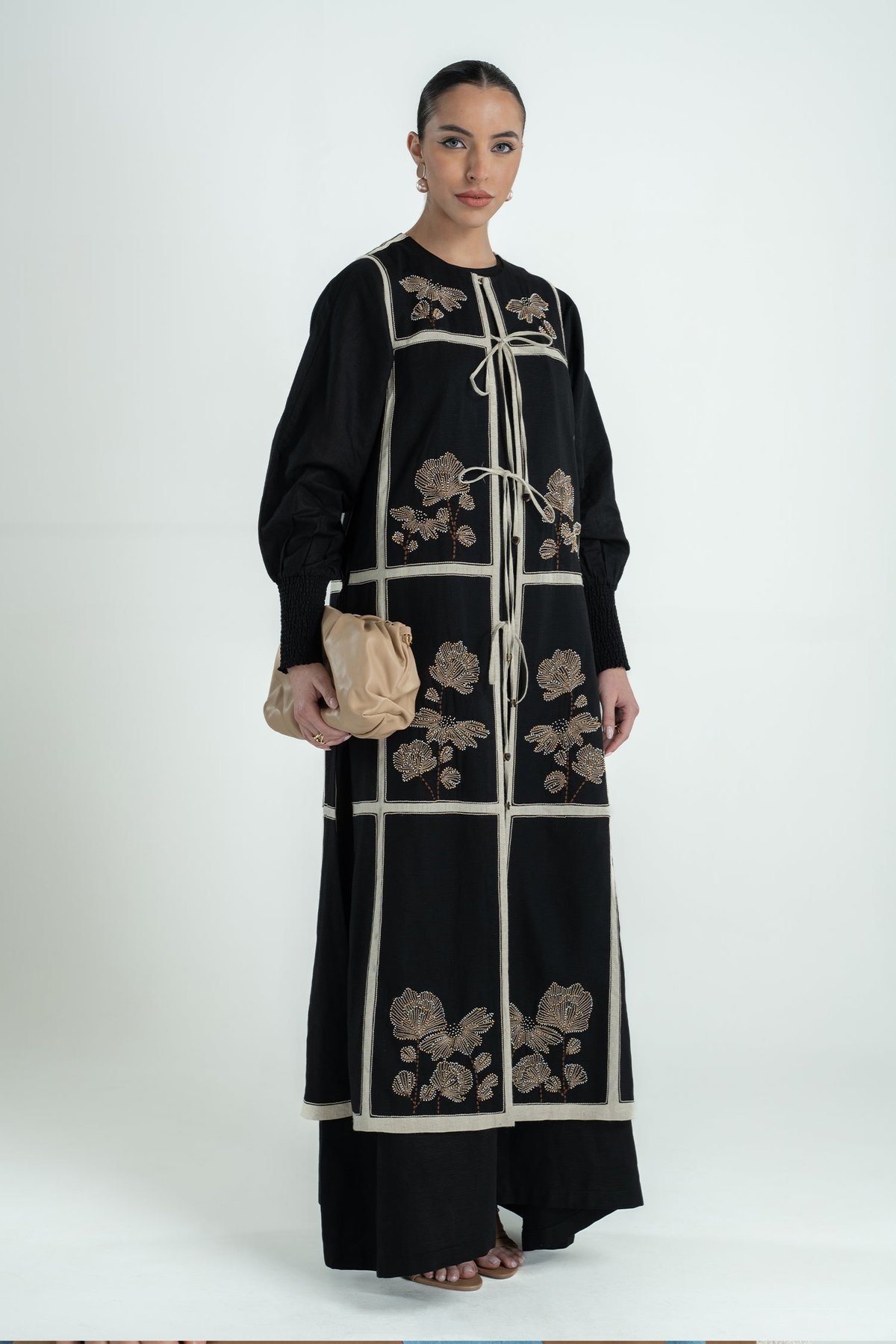 Black and Natural Maxi Abaya Dress Set with Tie-Up Overlay