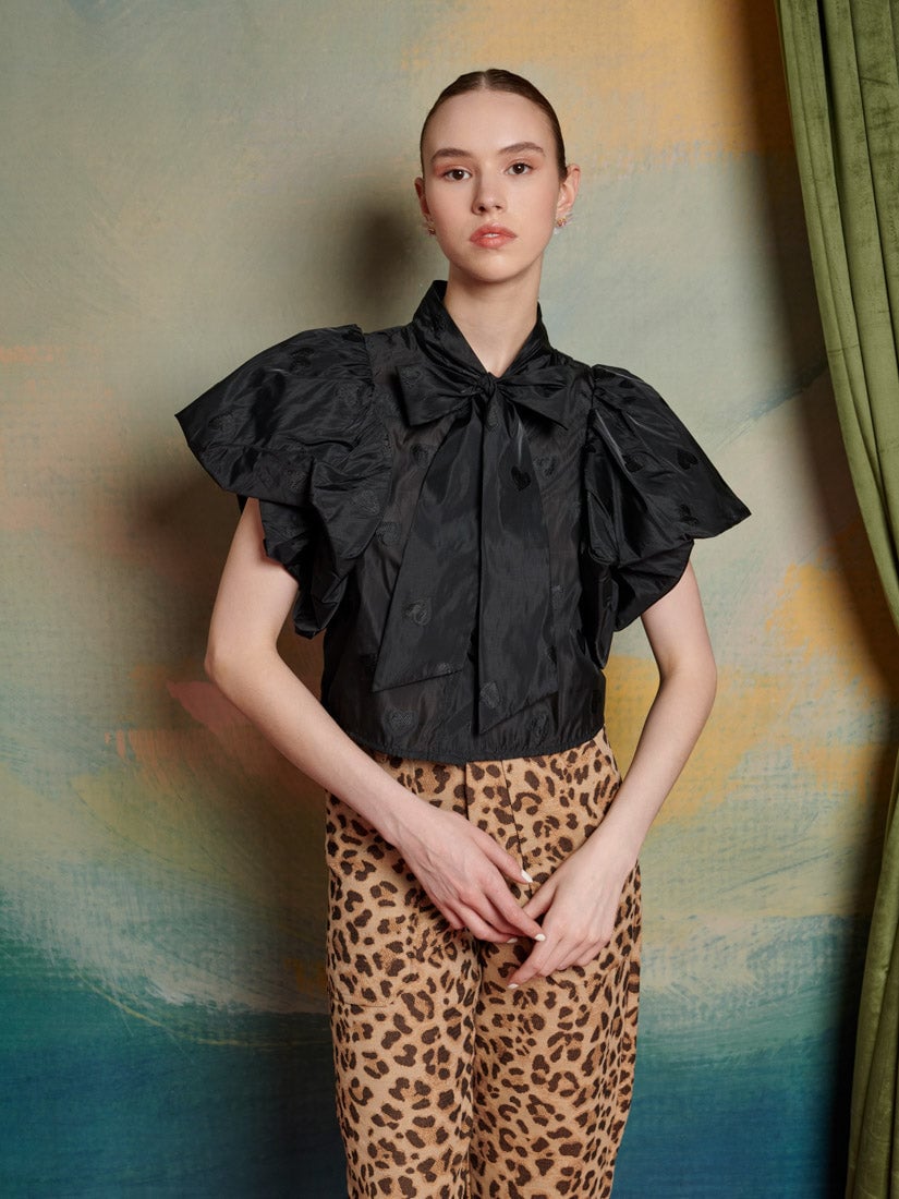 Black Cropped Bow-Tie Neck Ruffle Sleeve Top