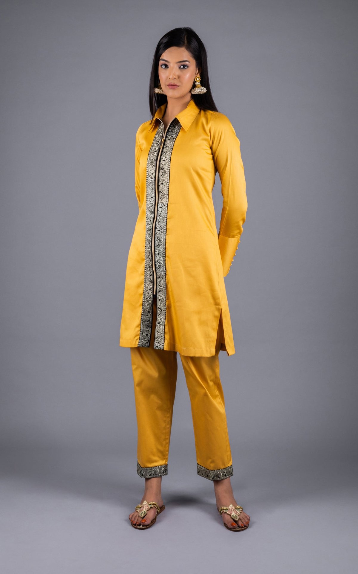 Yellow Zip-Front Embroidered Co-ord Set