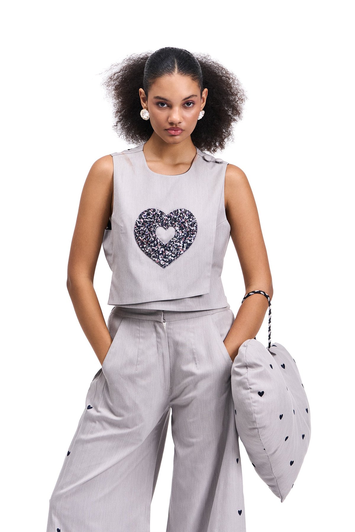 Cloud Grey Denim Co-ord Set with Heart Applique