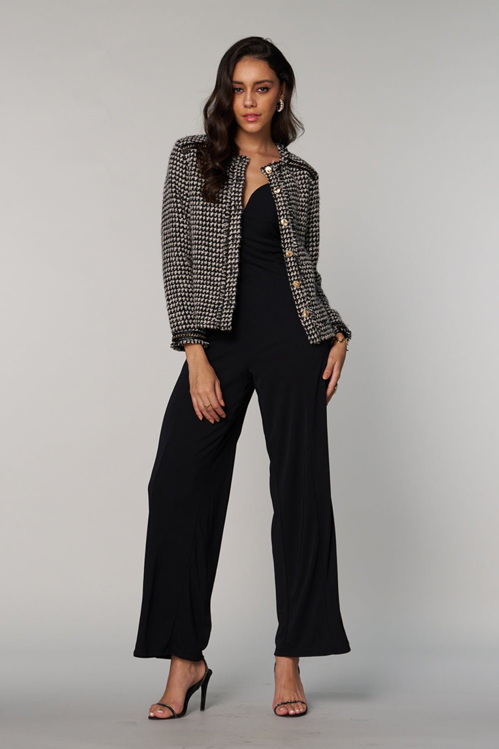 Black Textured Tailored Jacket with Gold Buttons