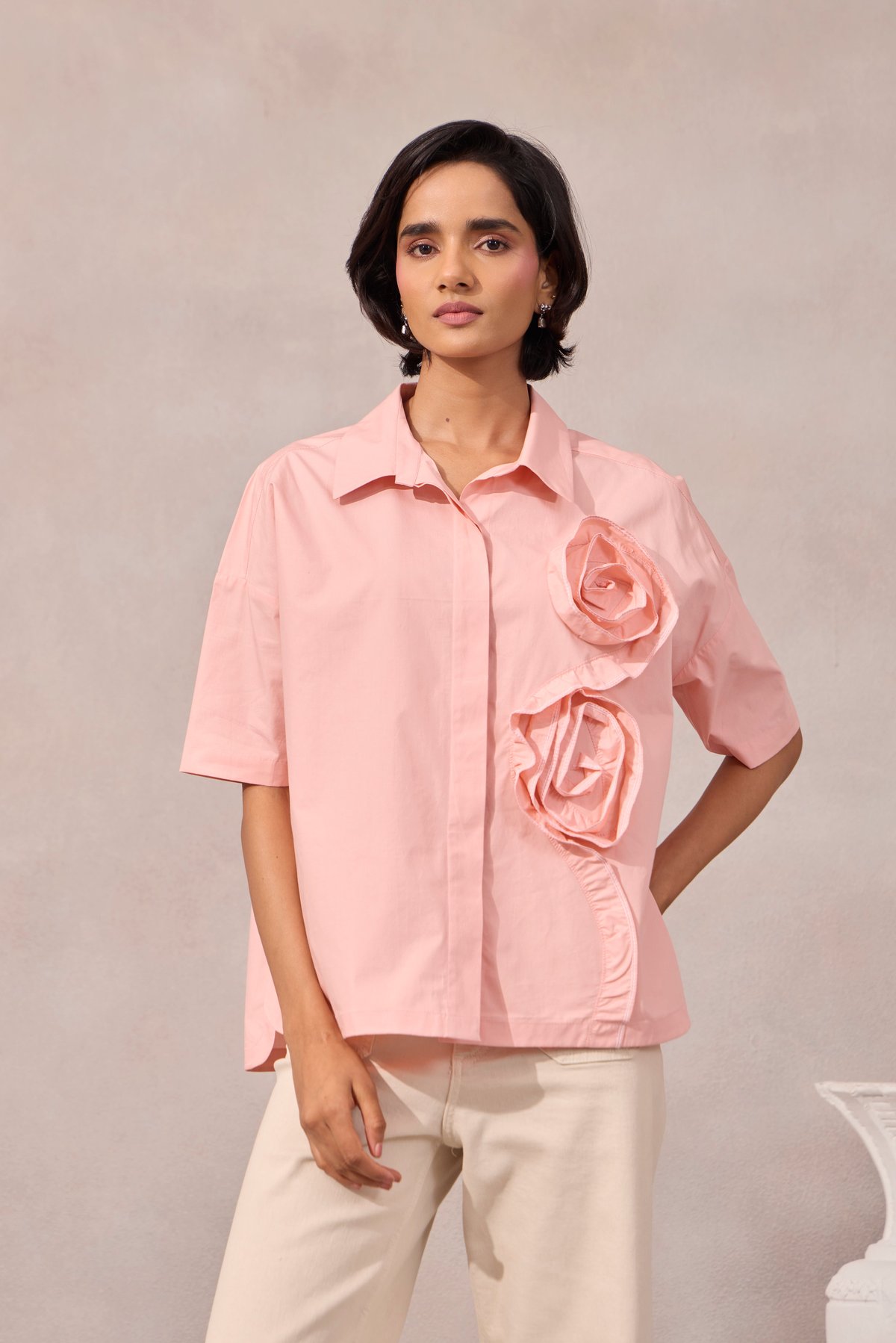 Sunset Pink Boxy Poplin Shirt with 3D Floral Detail