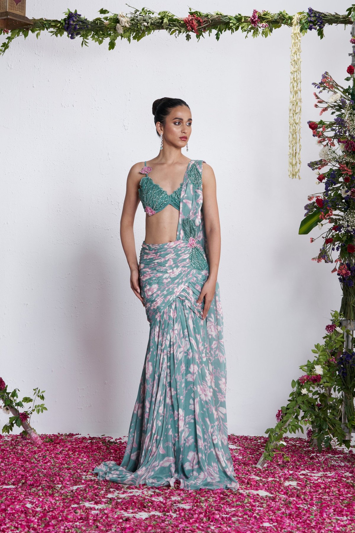 Teal Floral Draped Maxi Skirt and Bustier Co-ord Set