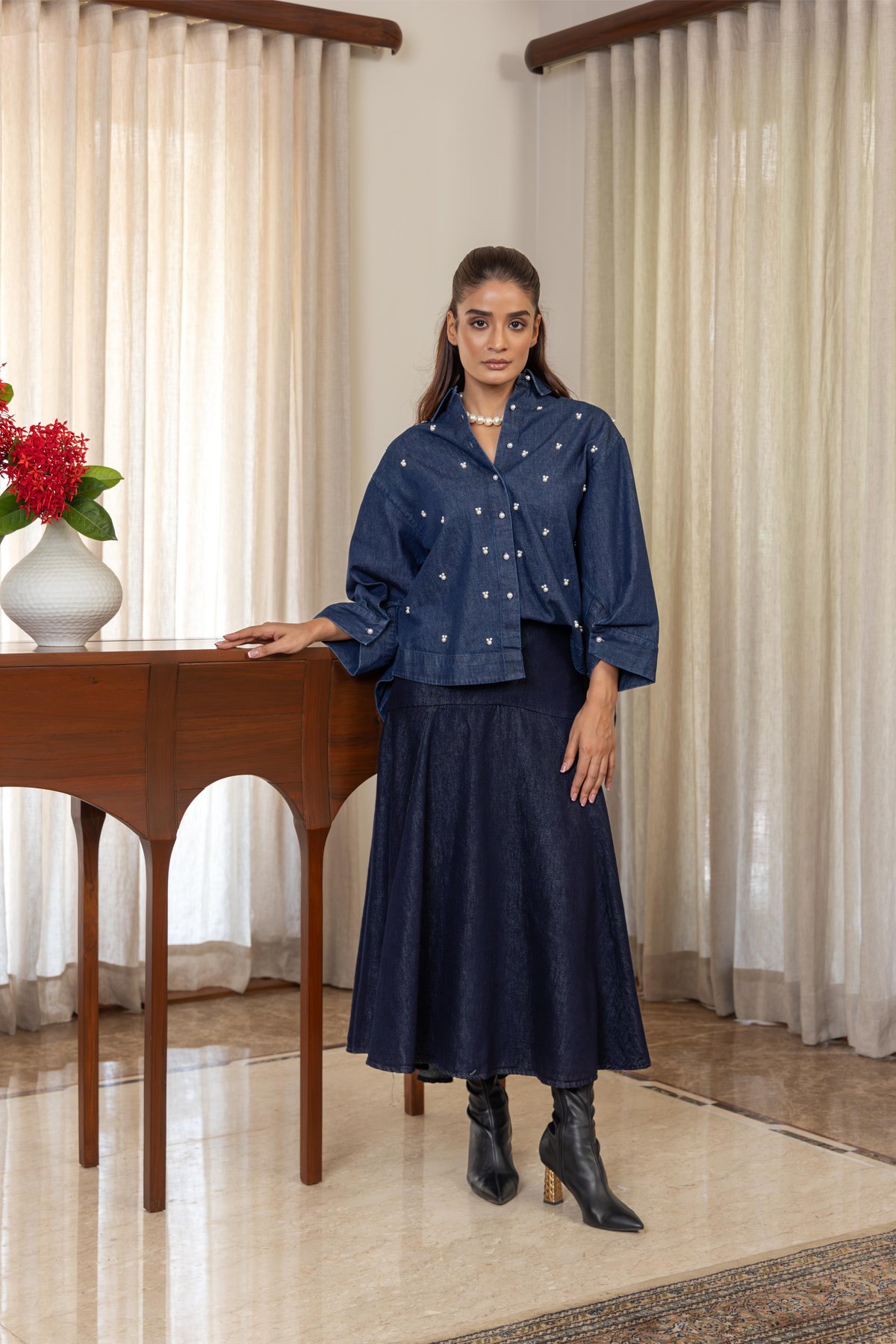 Dark Blue Denim Boxy Shirt with Pearl Accents