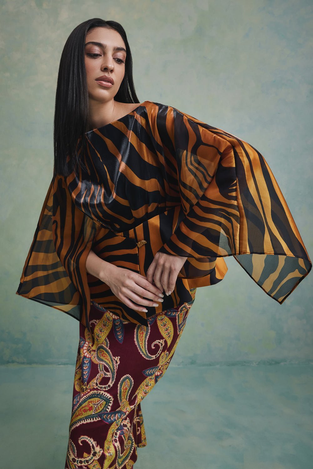 Black/Yellow Zebra Print Cape Sleeve Flared Top