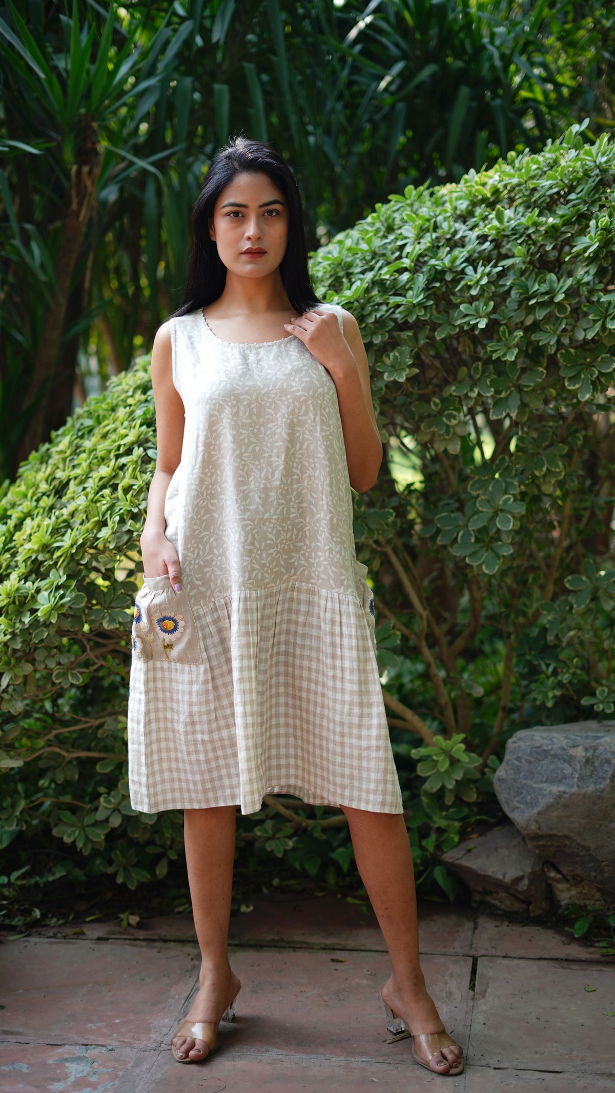 Beige Printed Tiered Midi Linen Dress with Pockets