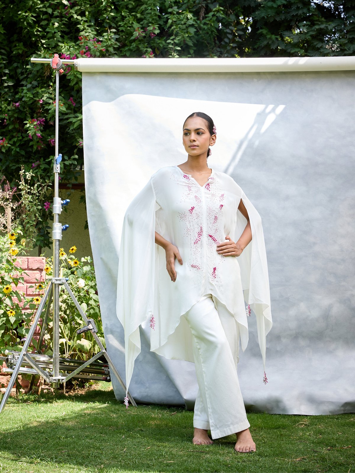 White Draped Cape-Sleeve Embroidered Top