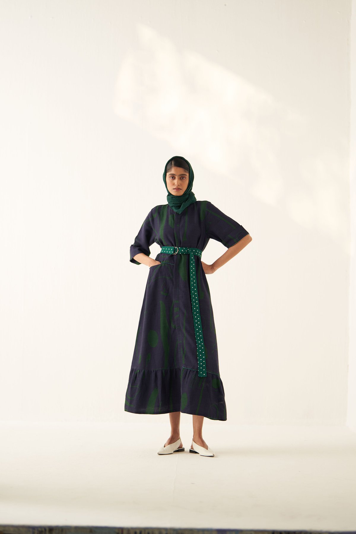 Navy Abstract Printed Maxi Shirt Dress with Waist Tie