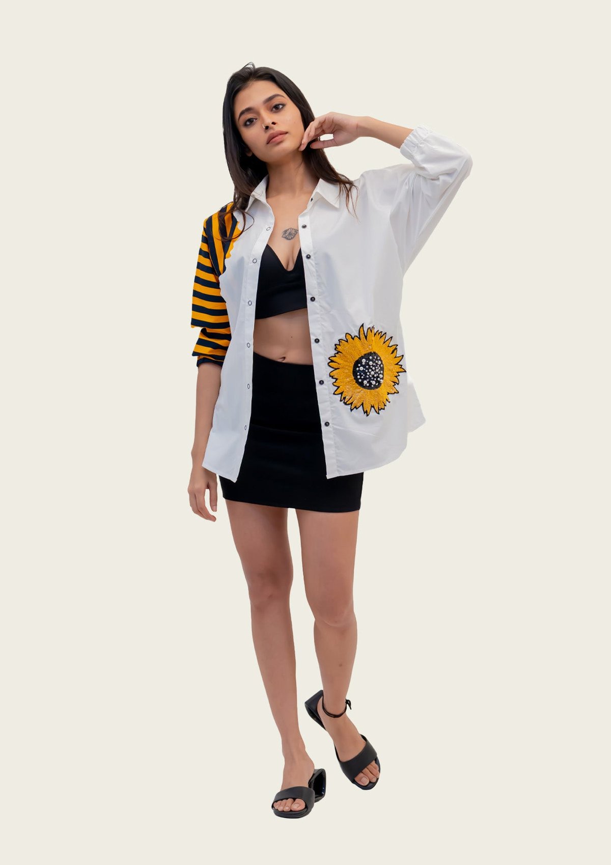 White Cotton Striped Shirt with Embroidery