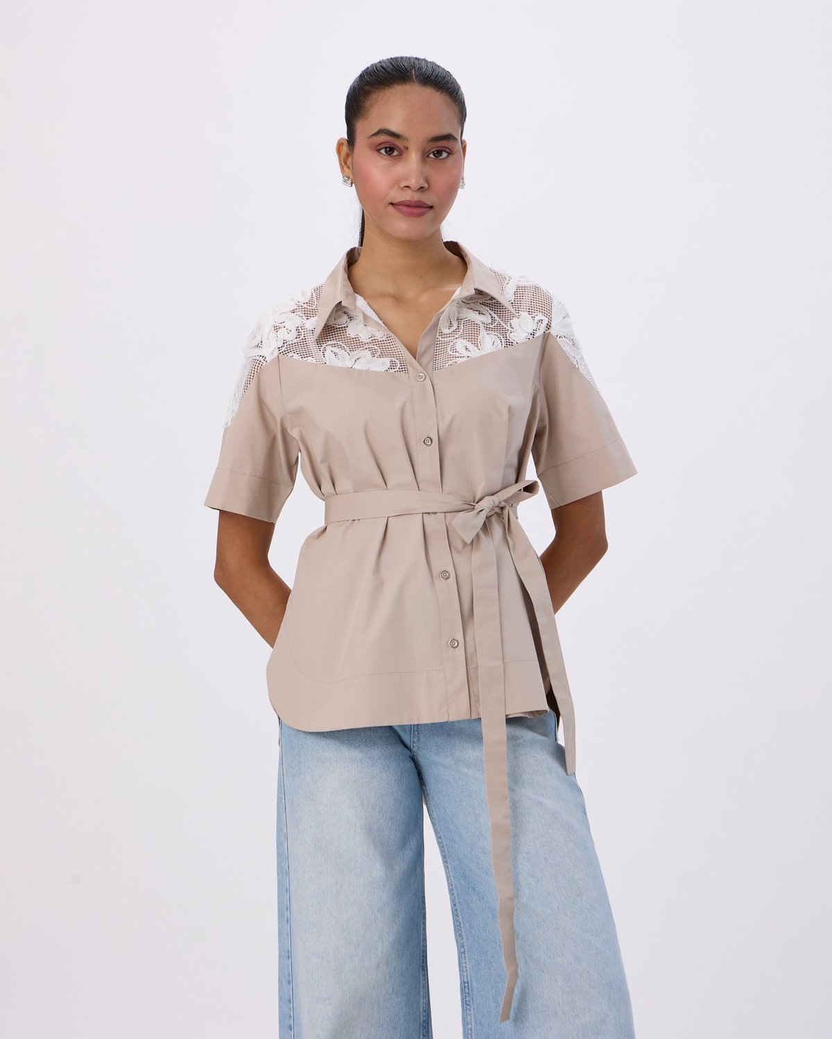 Ginger Beige Belted Cotton Poplin Shirt with Lace Yoke