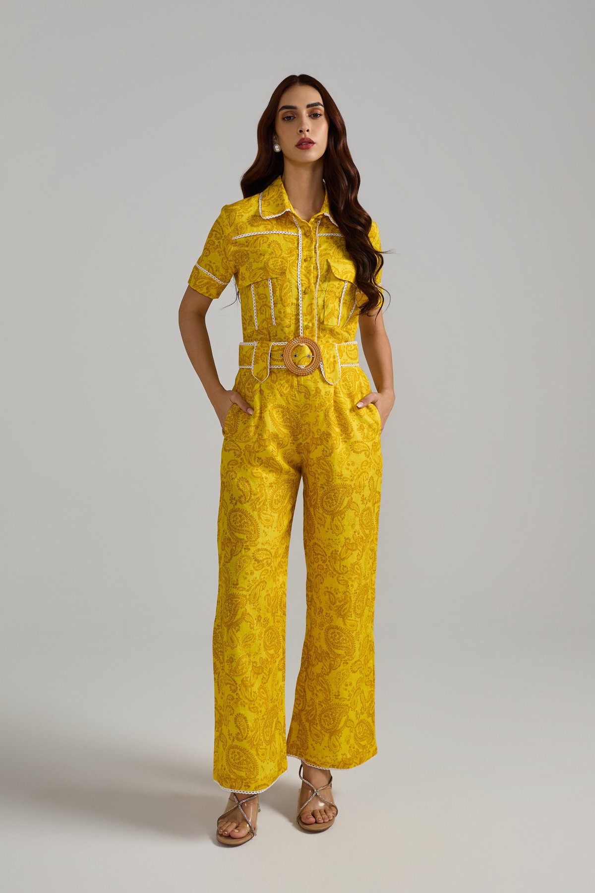 Yellow Linen Paisley Utility Co-ord Set with Belt
