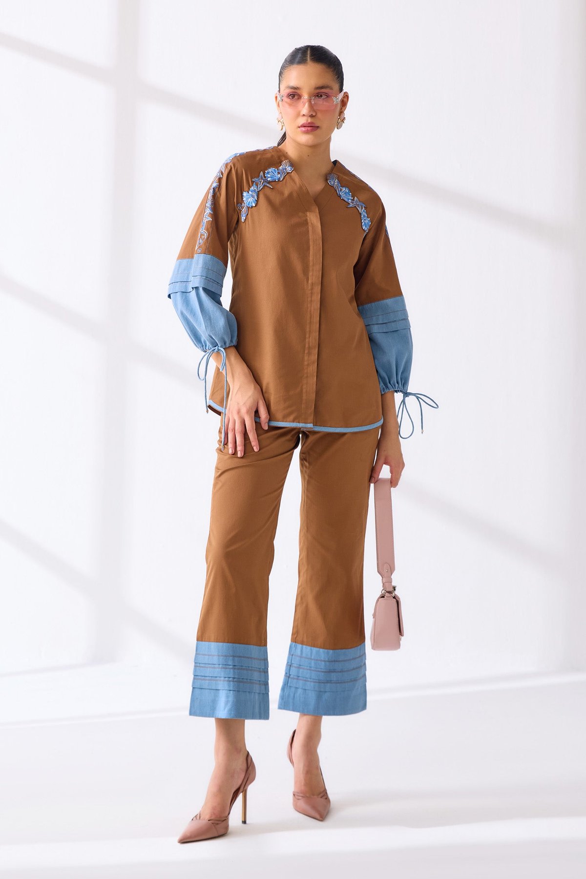 Tan and Denim Shell Embroidered Co-ord Set