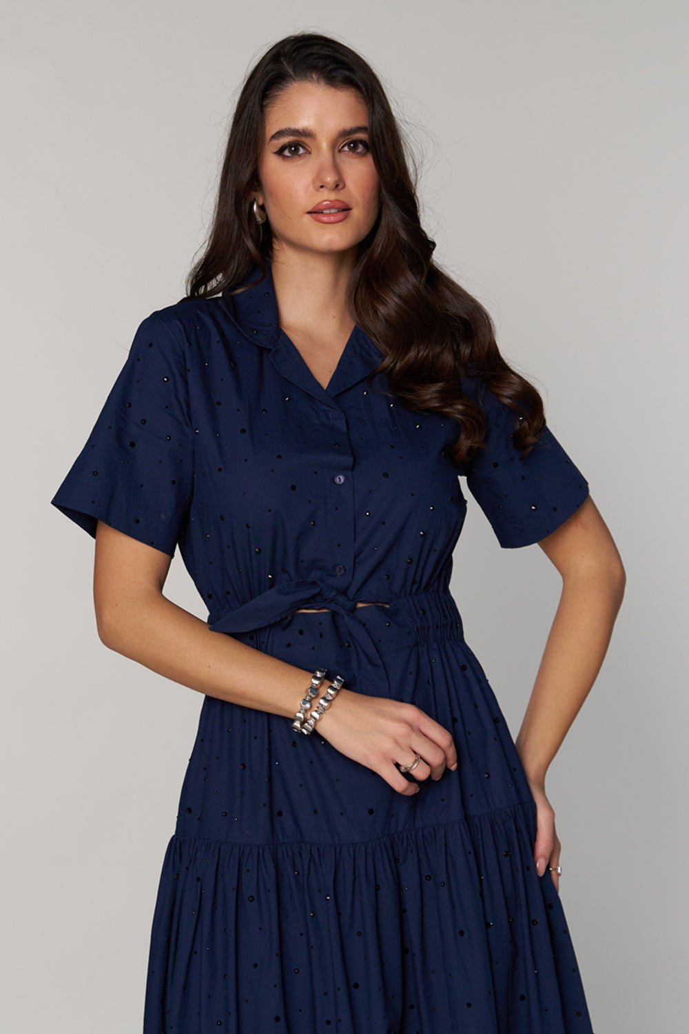 Navy Stud-Embellished Tiered Maxi Shirt Dress