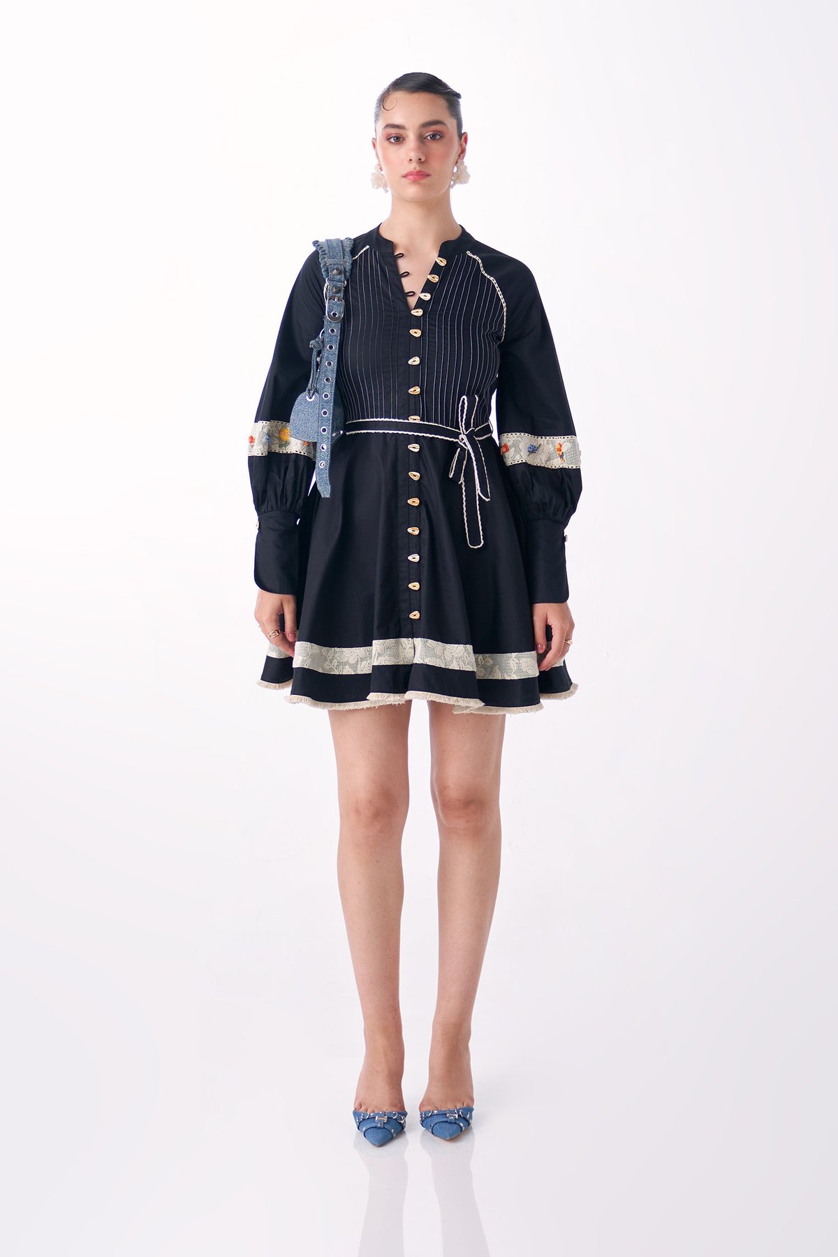 Black Cotton Satin Fit and Flare Mini Dress with Lace Detail
