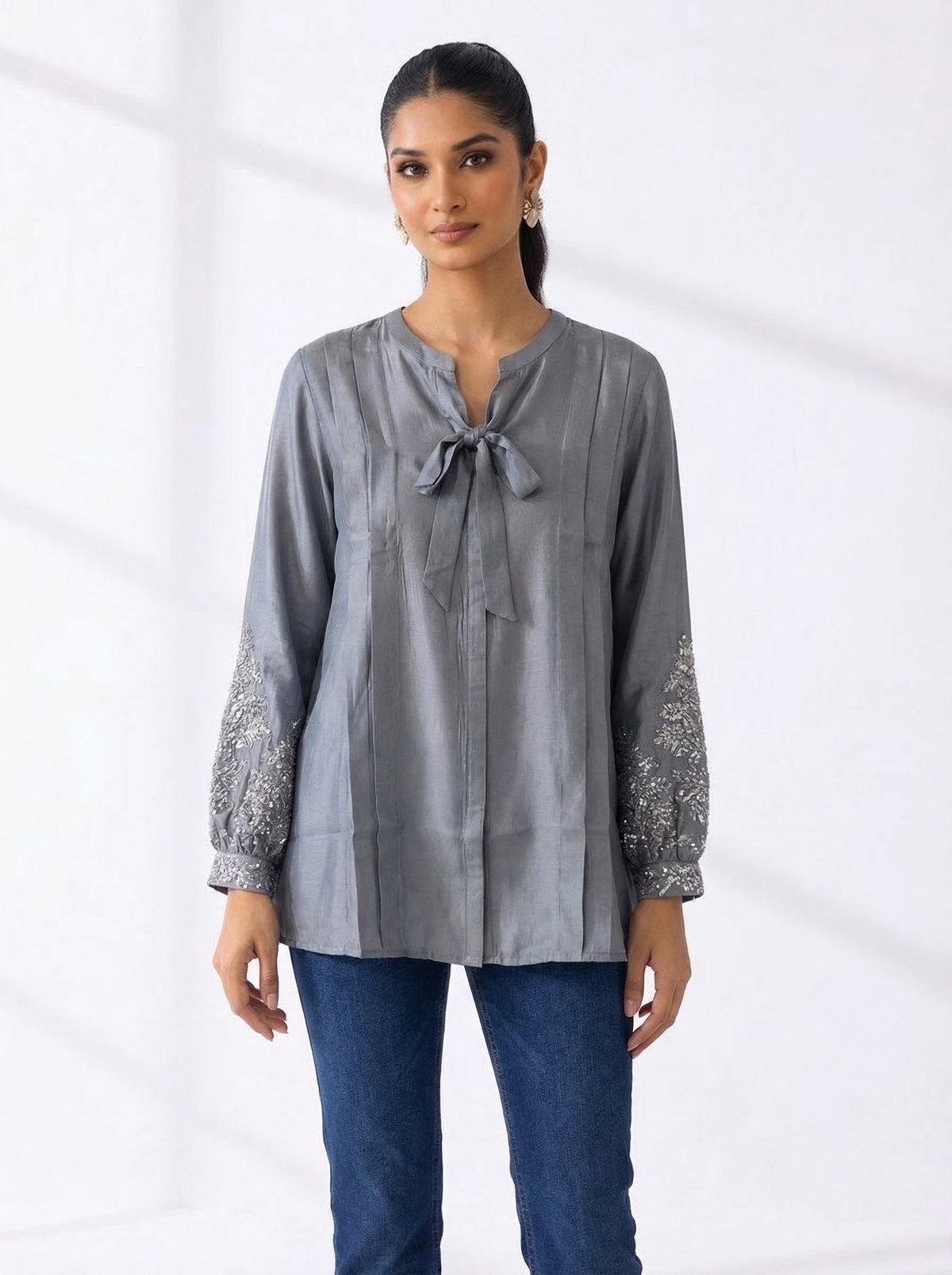 Grey Cotton Muslin Tunic Top with Tie-Up Neck
