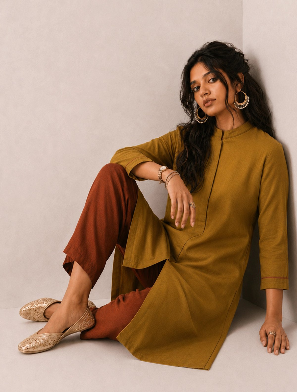 Olive Brown Solid Viscose Kurta Set