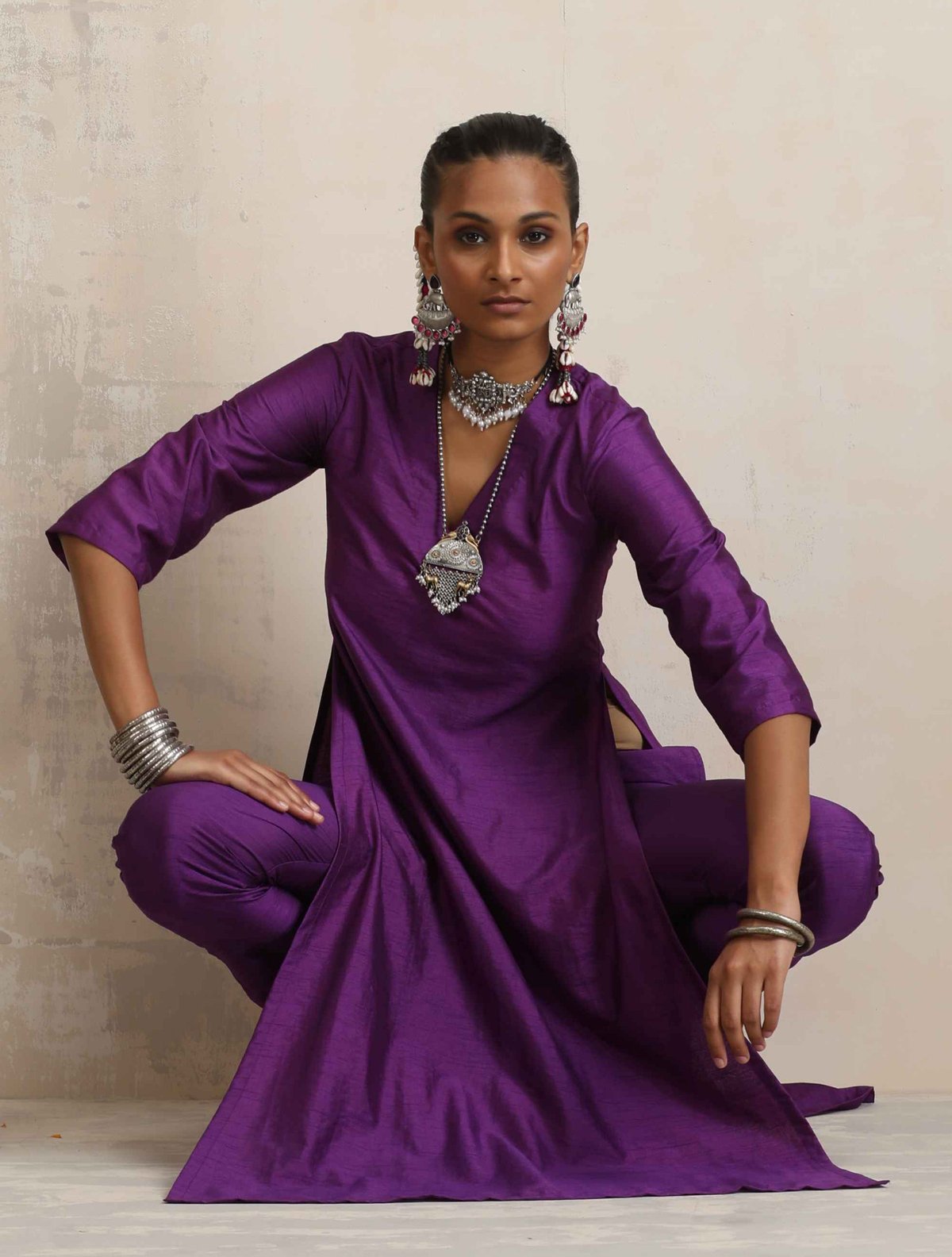 Purple Silk-Blend High Slit Kurta Set with Pants