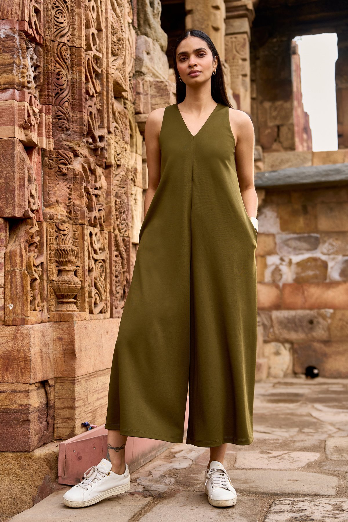 Olive Wide-Leg Knit Jumpsuit with V-Neck