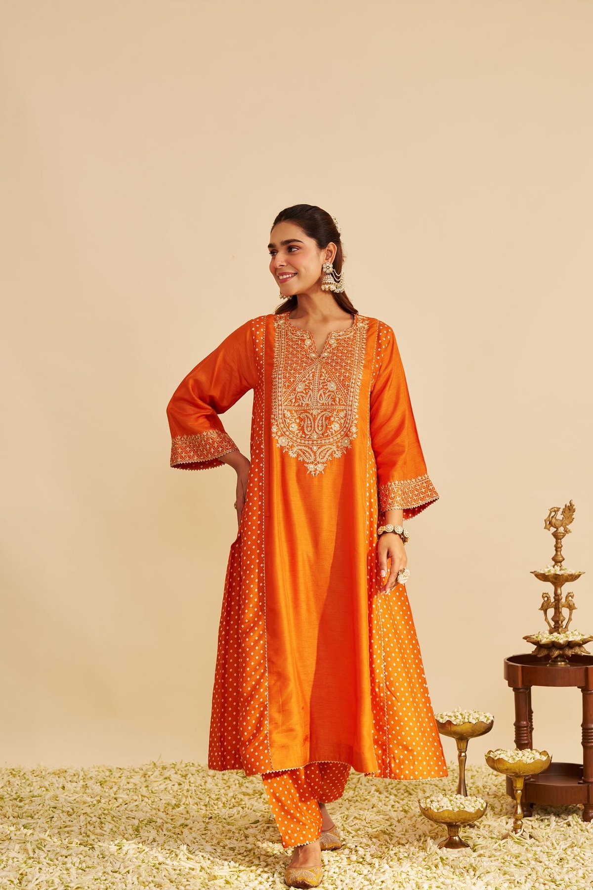 Orange Upada Silk Embroidered Long Kurta Set with Salwar