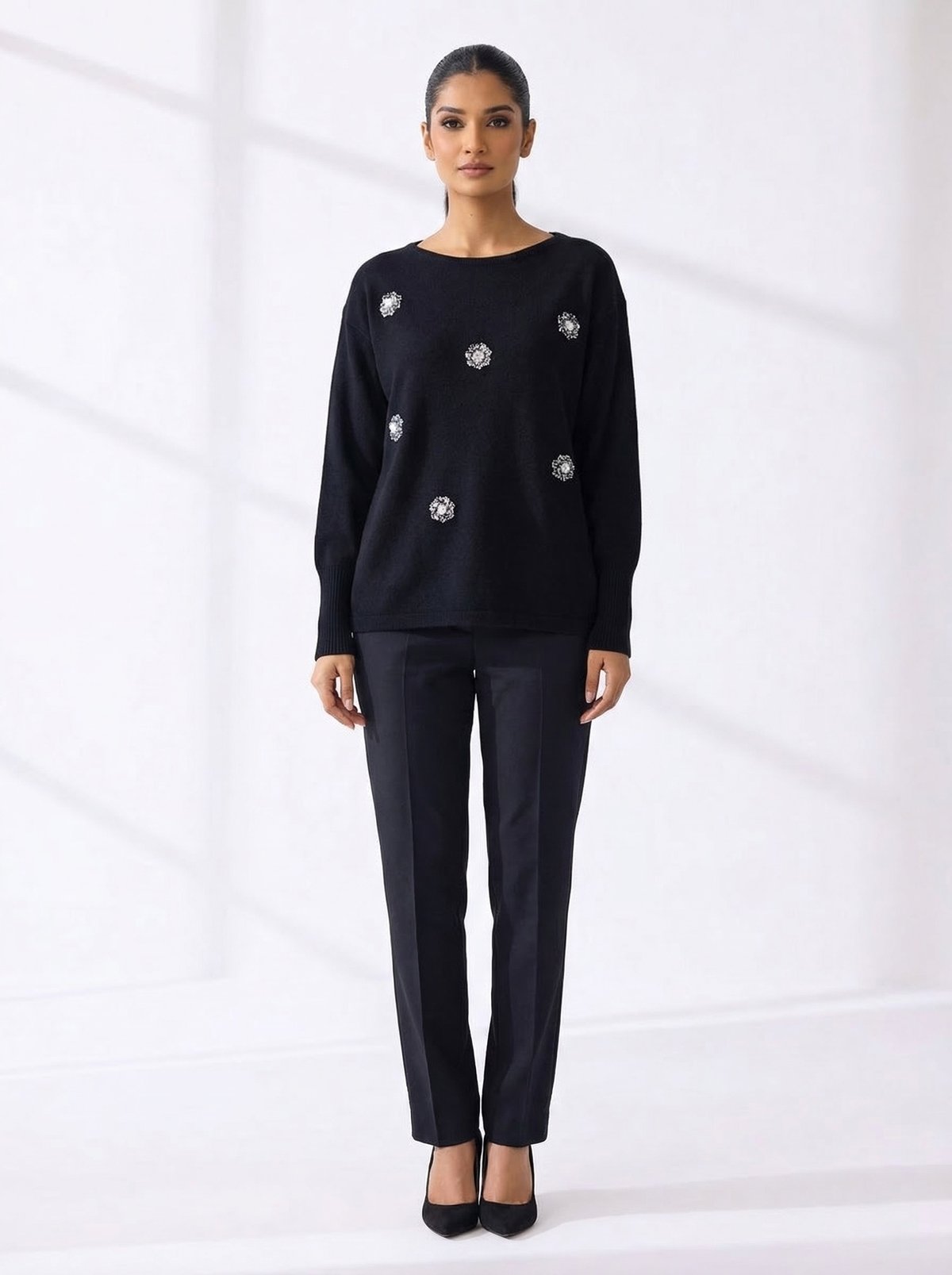 Black Embellished Crew-Neck Relaxed Fit Sweater
