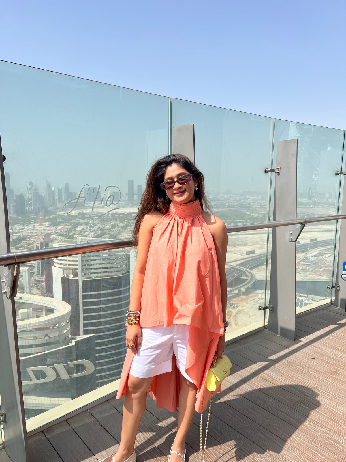 Peach Draped High-Low Cotton Top & White Shorts