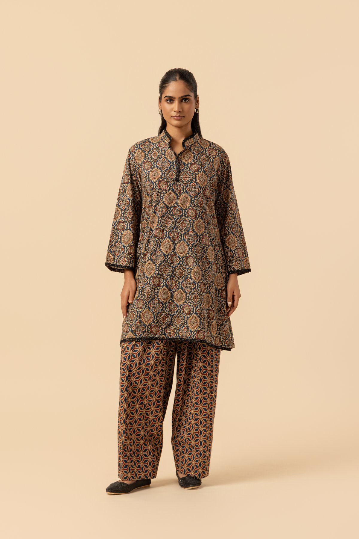 Naseebo Earthen Mirage Ajrakh Printed Farshi Coord Set