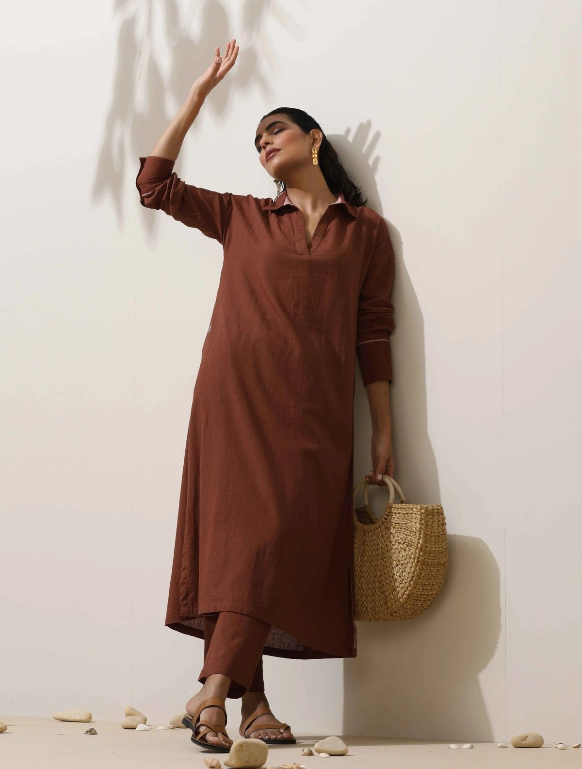 Brown Cotton Linen Straight Kurta Pant Set