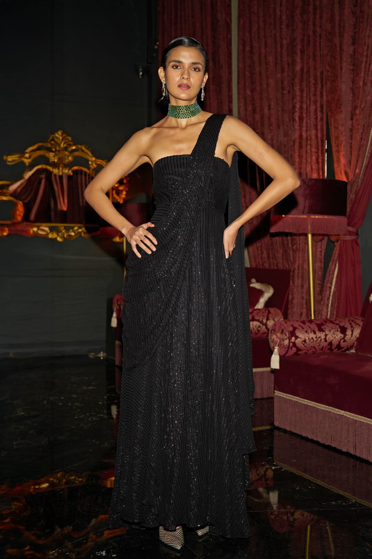 Black Sequin Sari-Drape One-Shoulder Maxi Gown