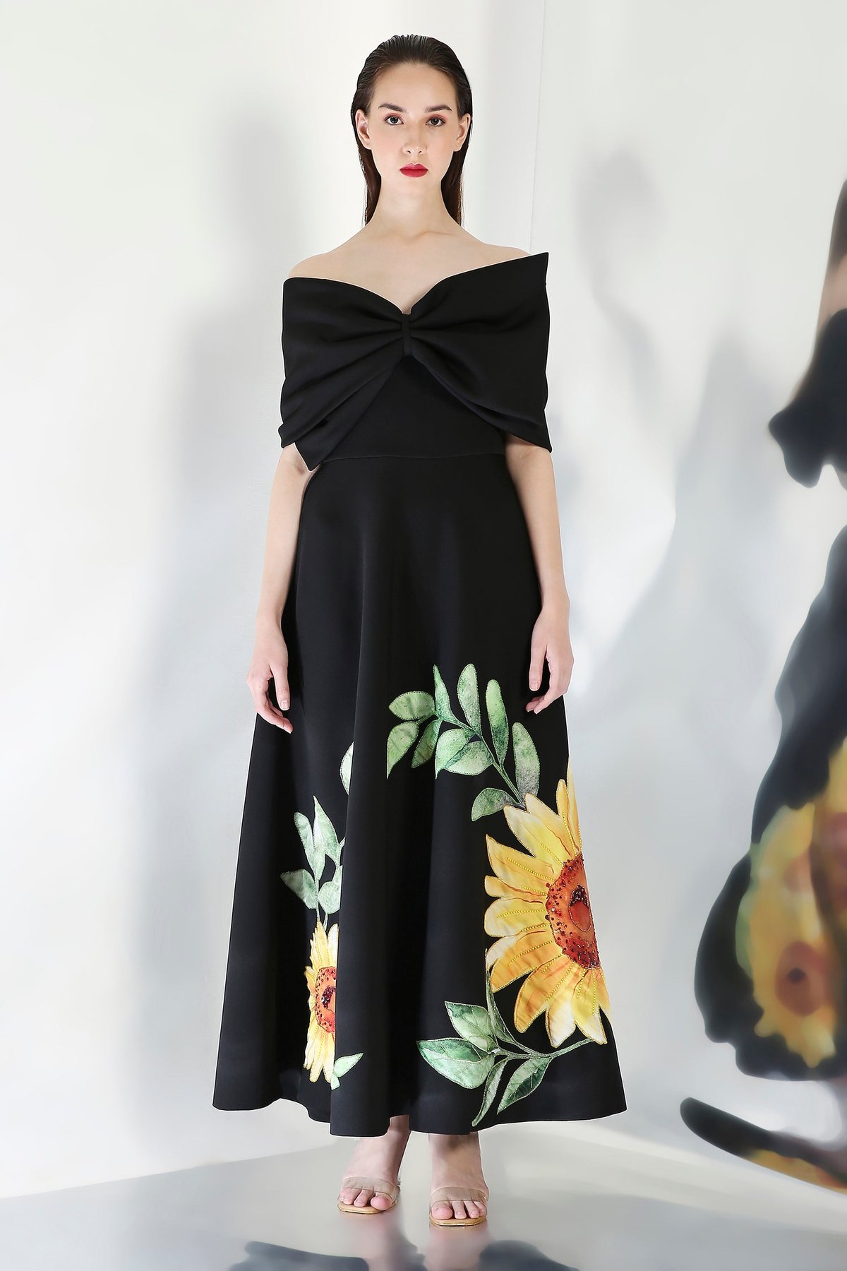 Black Maxi Dress with Detachable Bow Wrap and Sunflower Motif