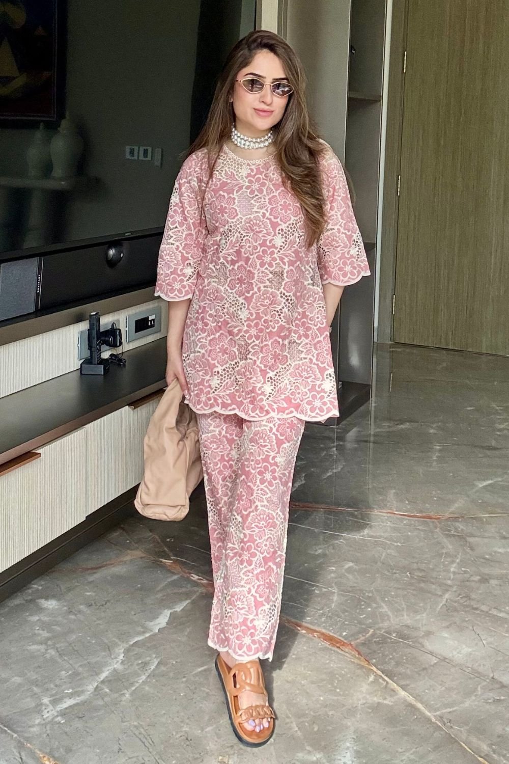Pink Cotton Lace Kurta Set with Wide-Leg Pants