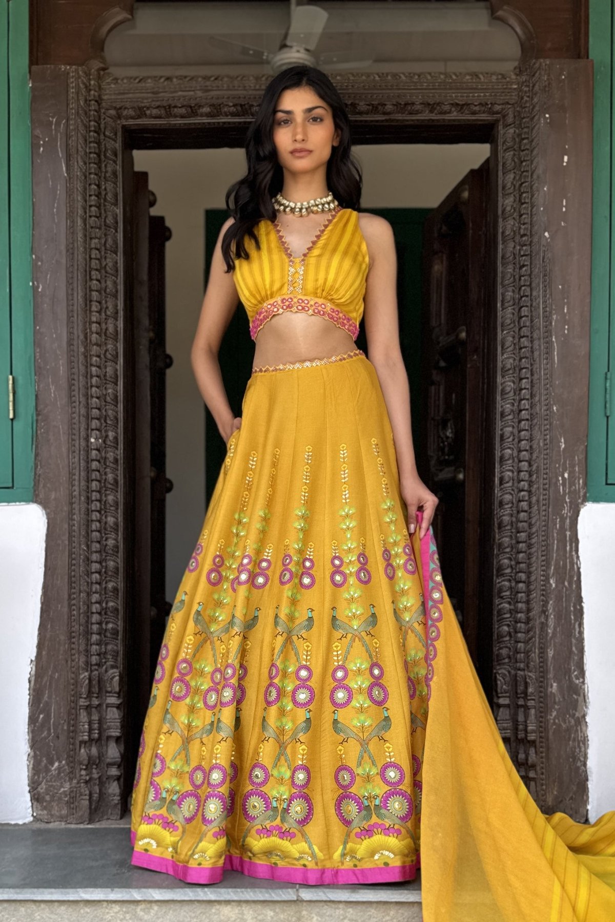 Yellow Printed Lehenga Set with Embroidered Tie-Back Blouse