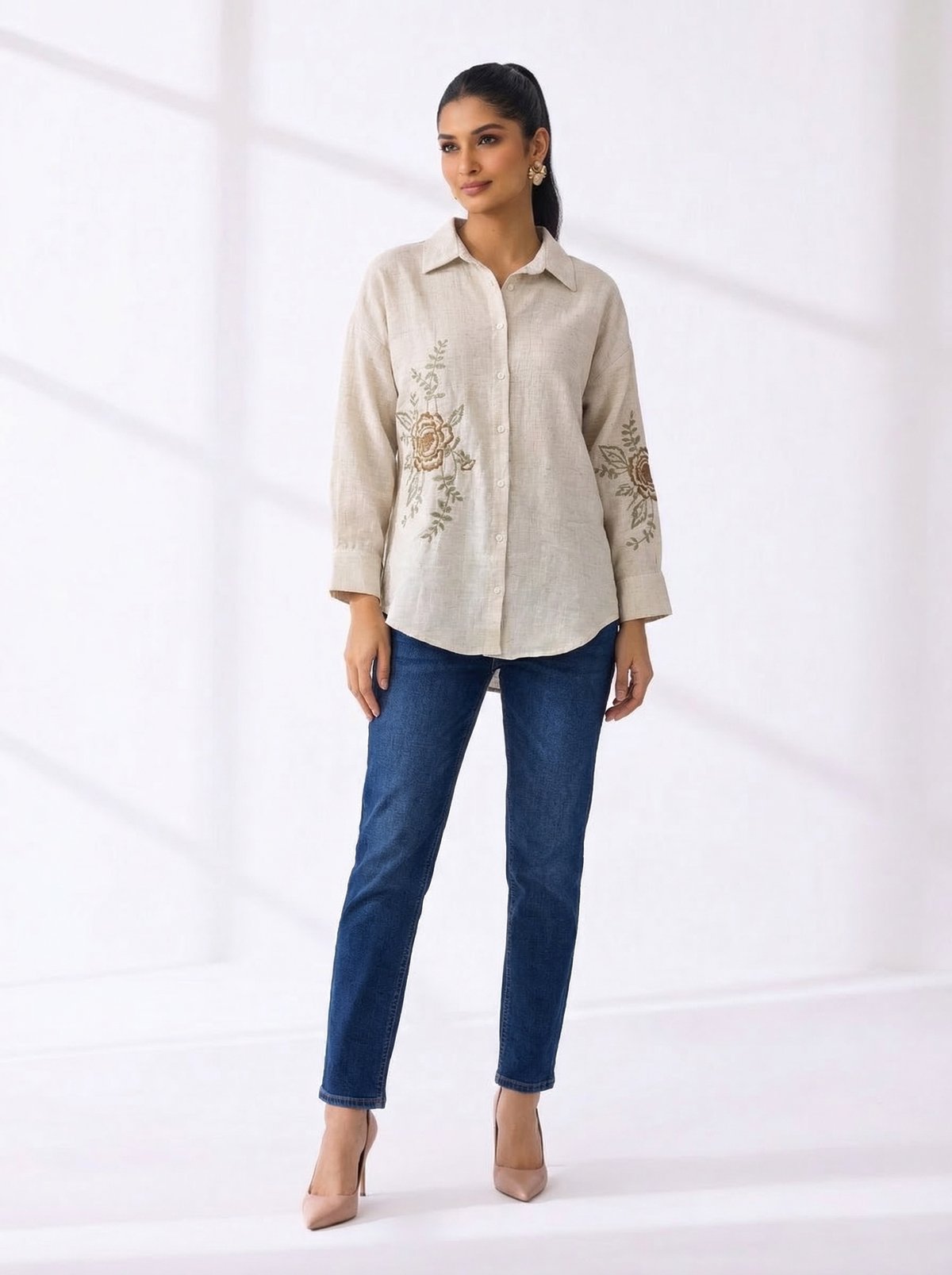 Natural Beige Embroidered Button-Down Shirt