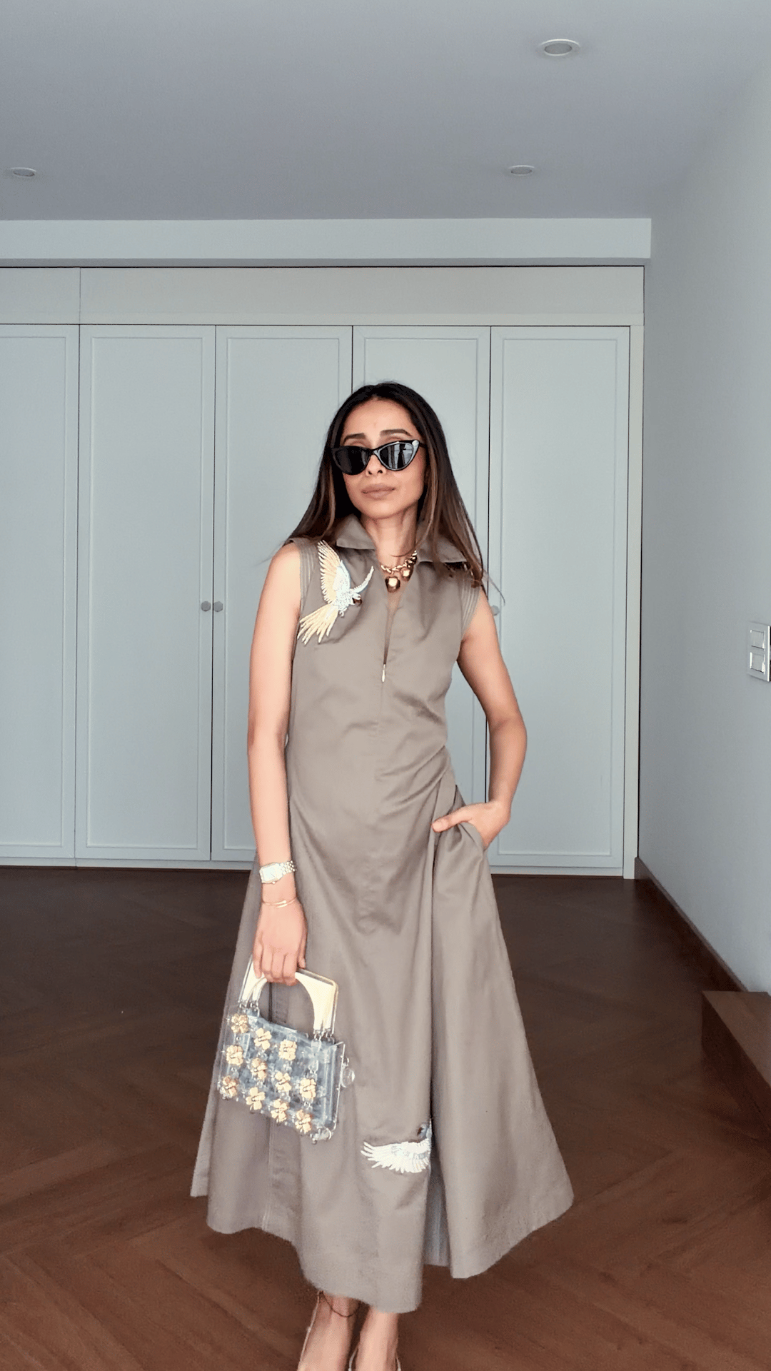 Mushroom Cotton Twill Sleeveless Collared Midi Dress