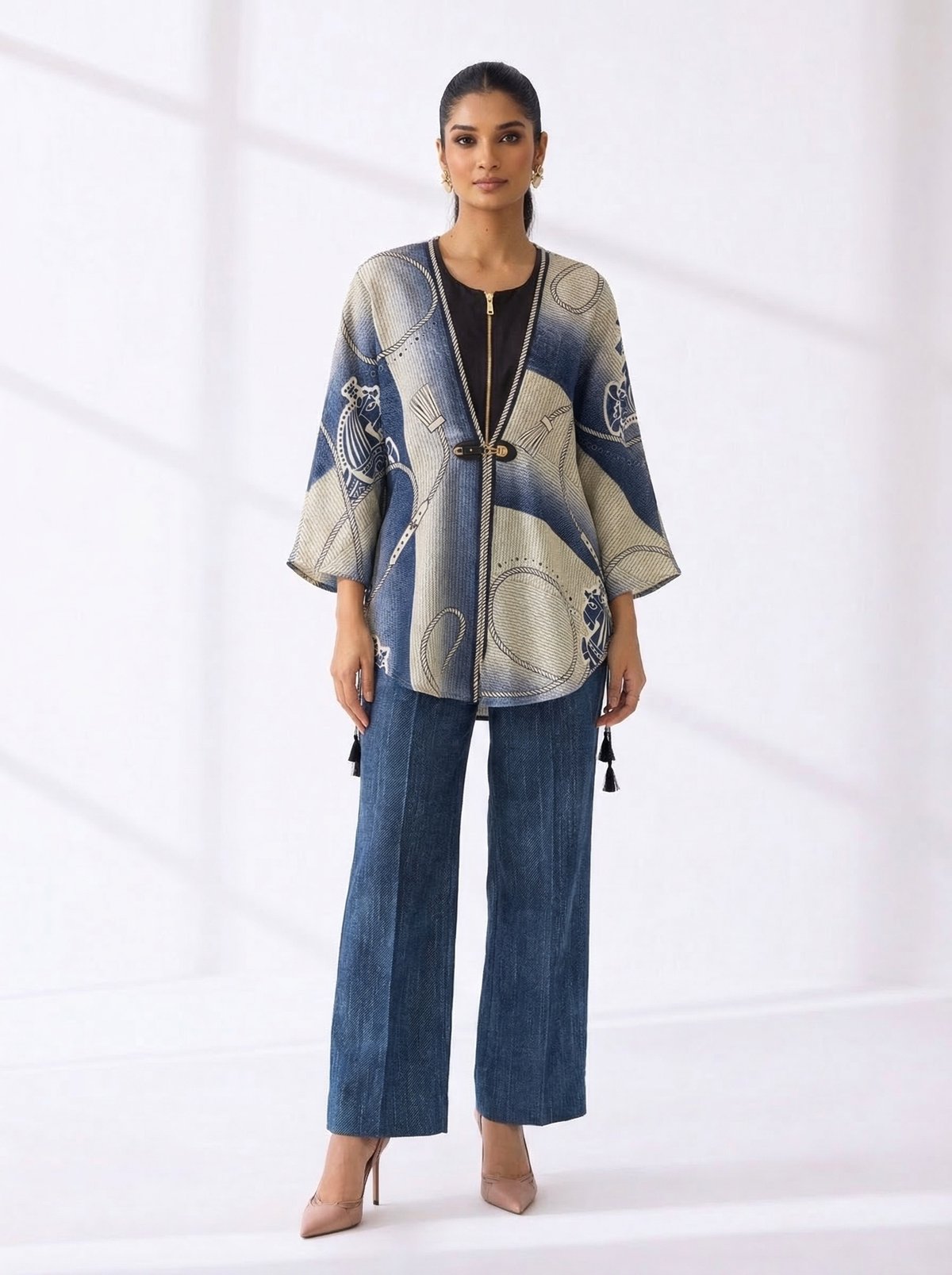 Denim Blue Printed Zip-Front Co-ord Set with Wide-Leg Pants