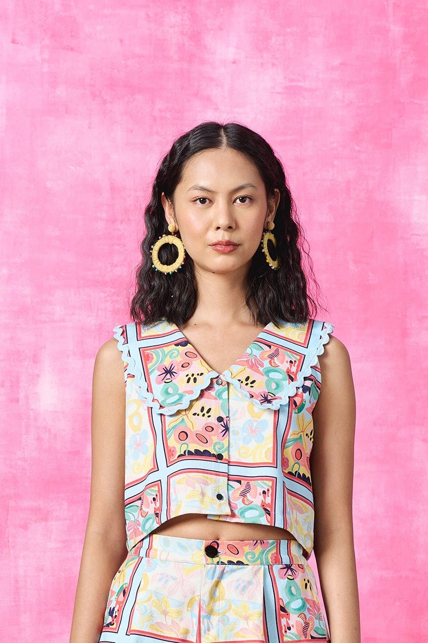 Multicolor Printed Denim Cropped Top with Scalloped Collar