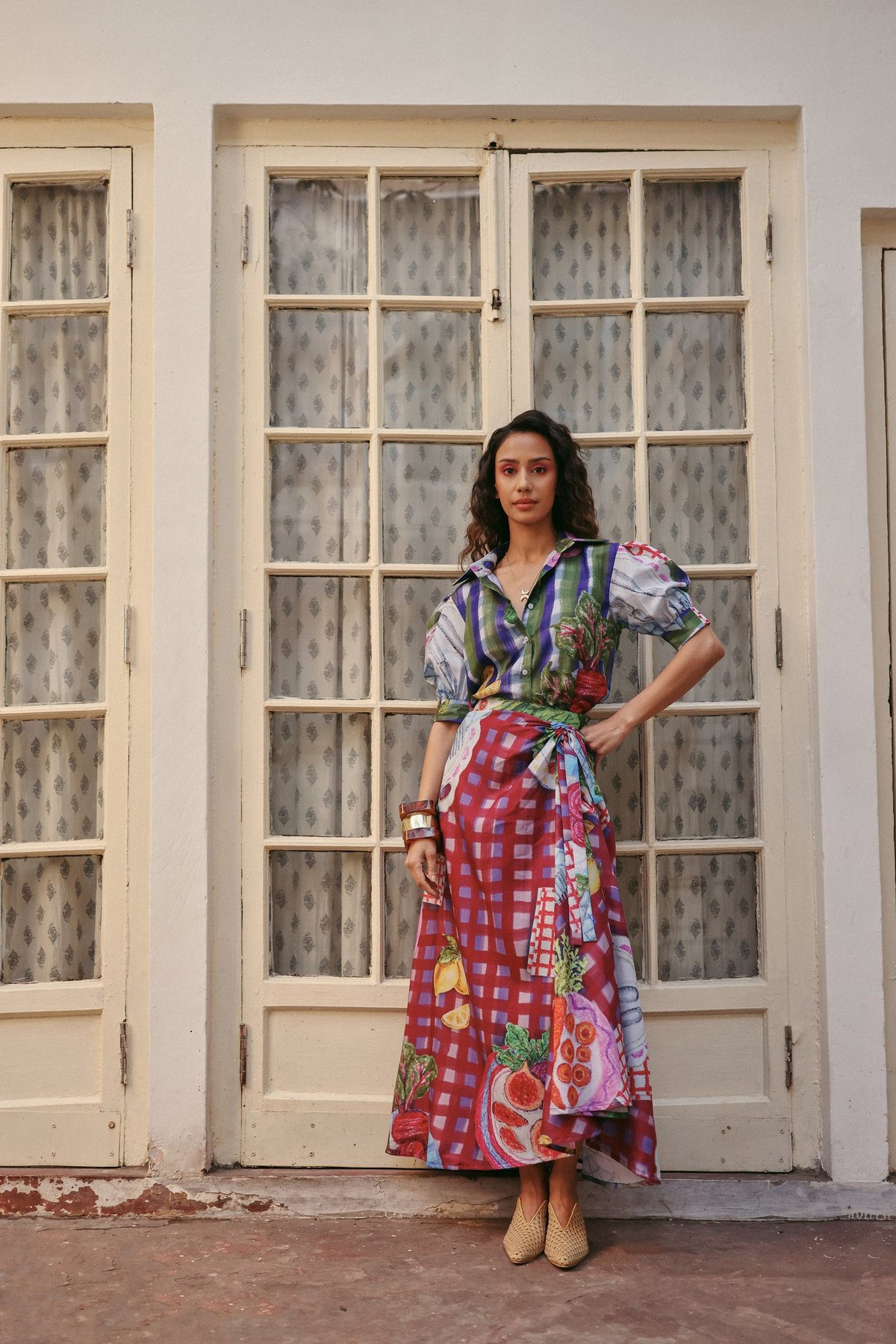 Multicolor Printed Linen Wrap Maxi Skirt