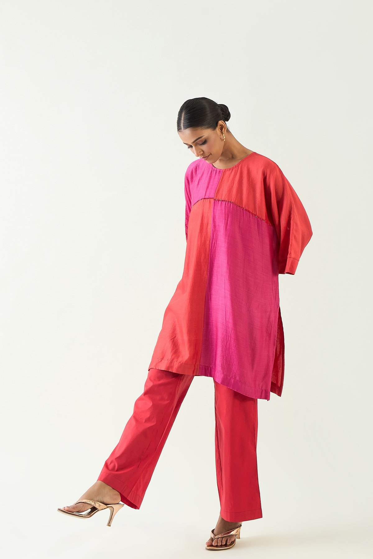 Jeeva: Colour block check sequin tunic set